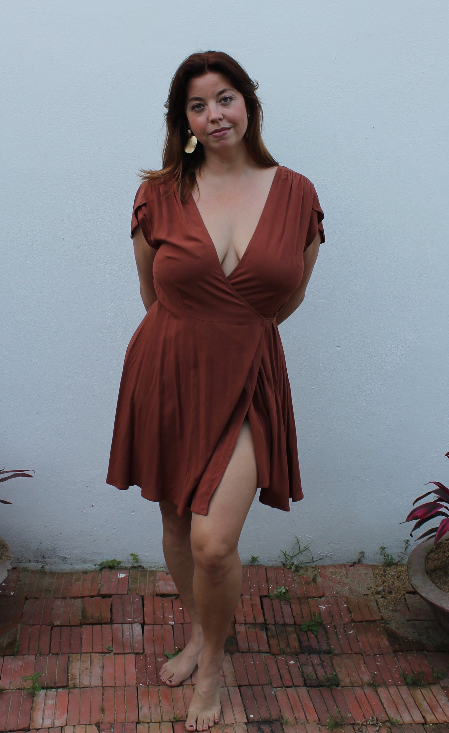 A brown wrap dress.