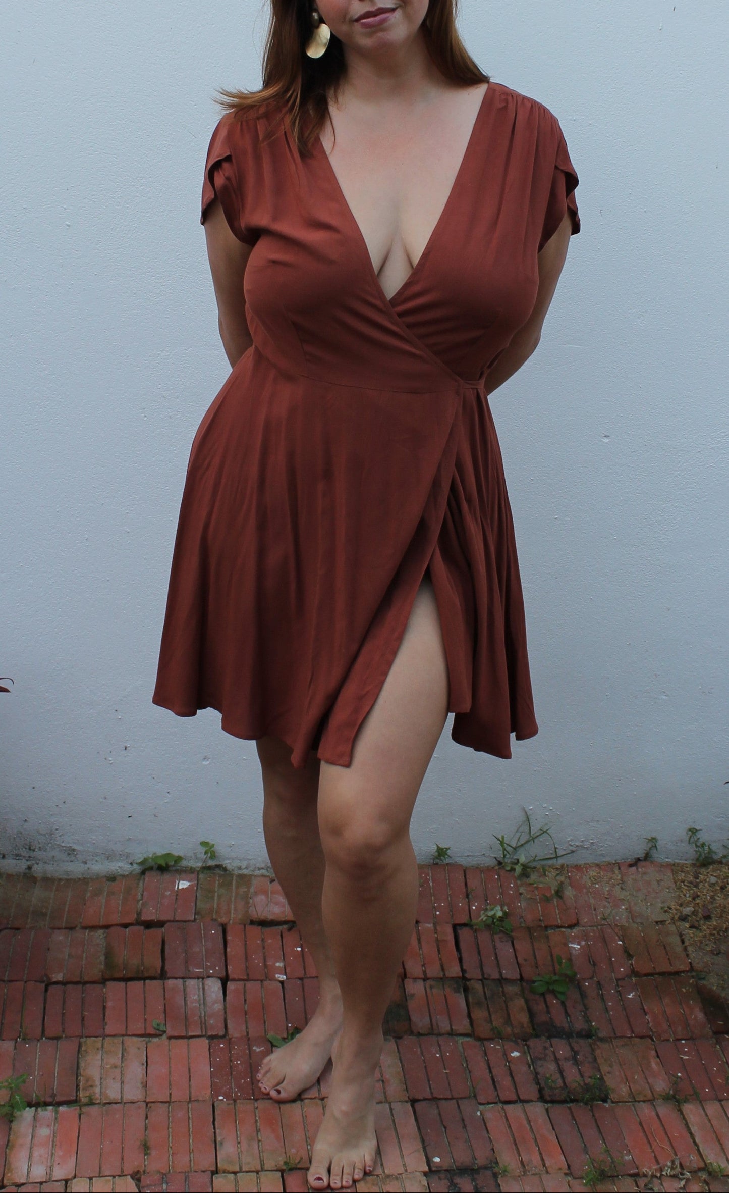 A brown wrap dress.
