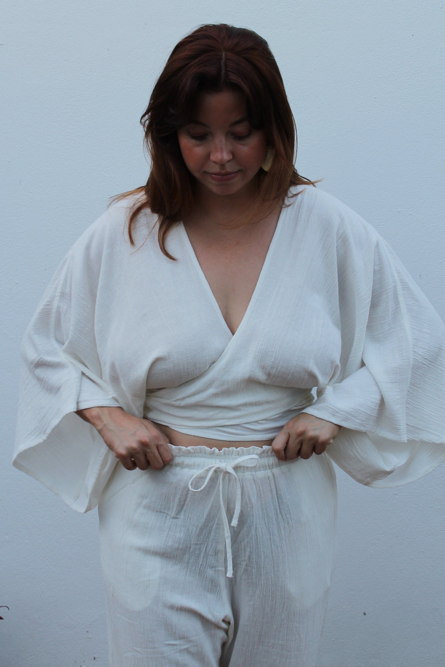 White linen top, boho style.