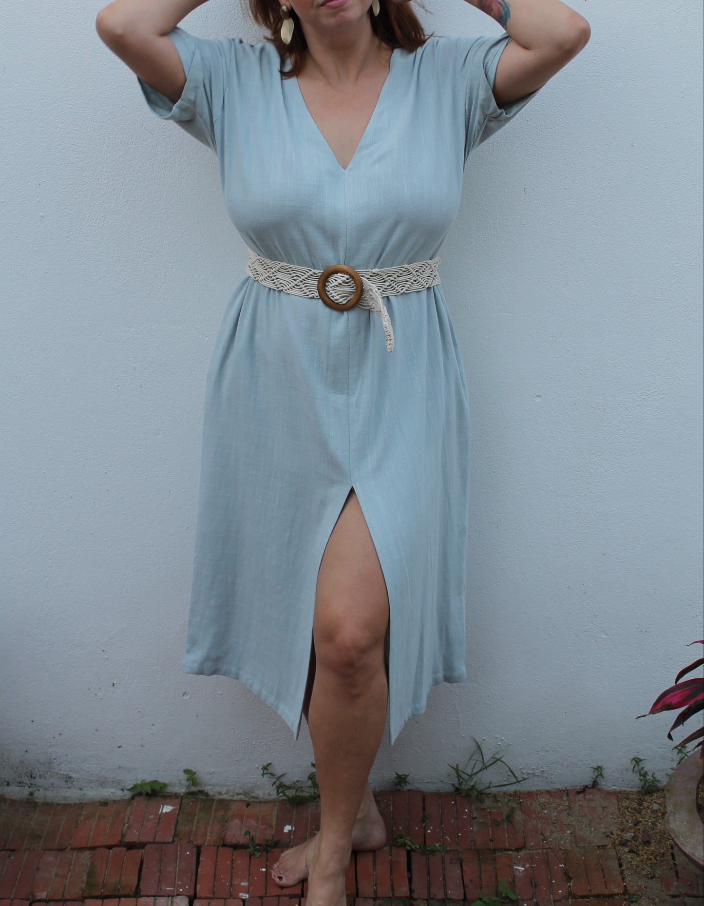 Blue linen midi dress.
