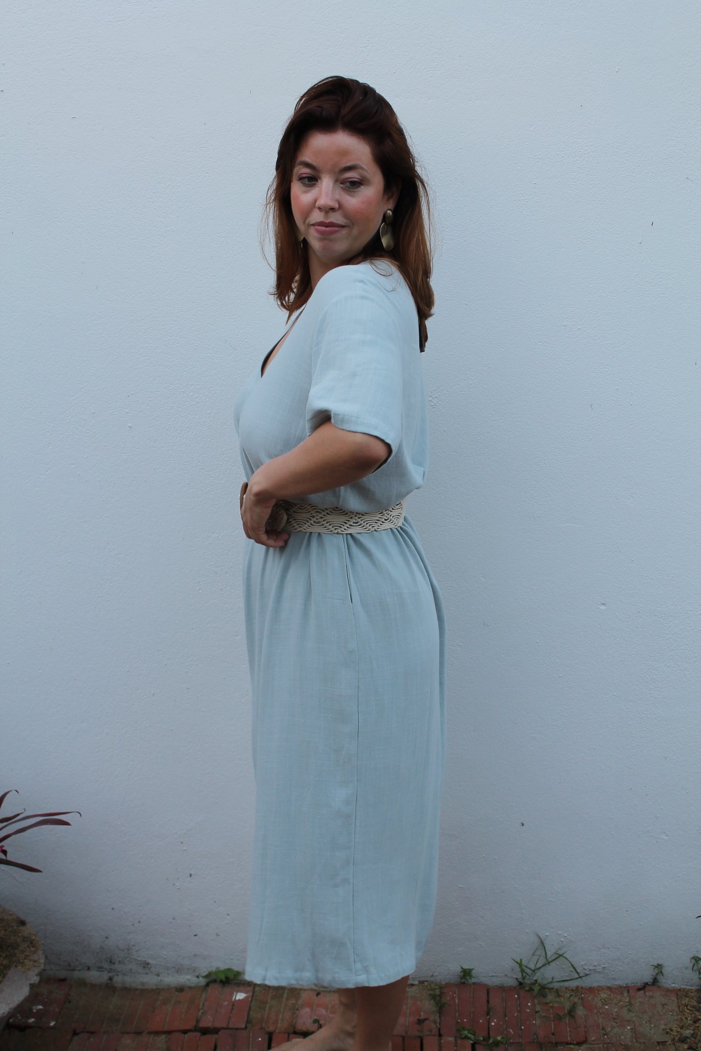 Blue linen midi dress.