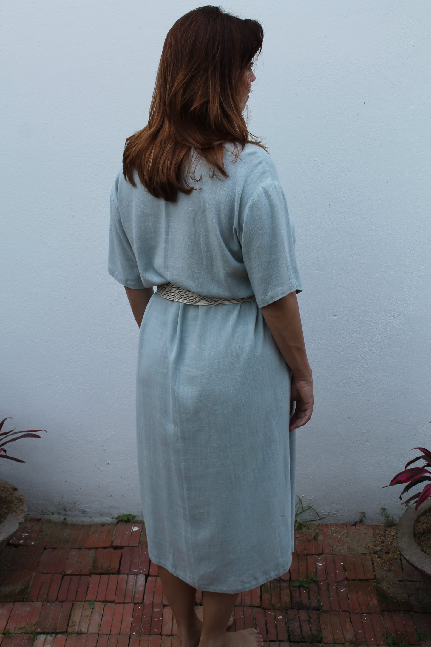 Blue linen midi dress.