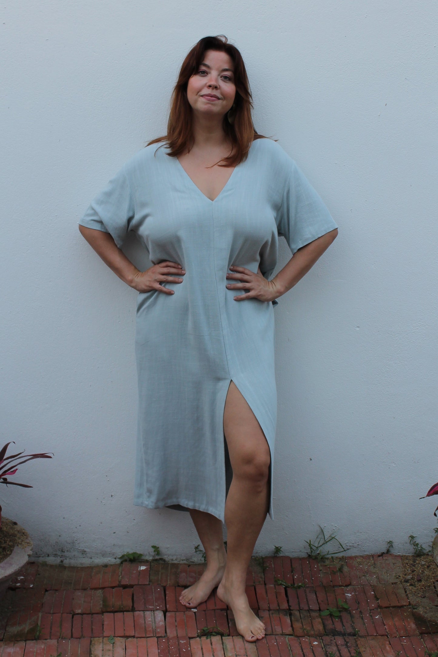 Blue linen midi dress.