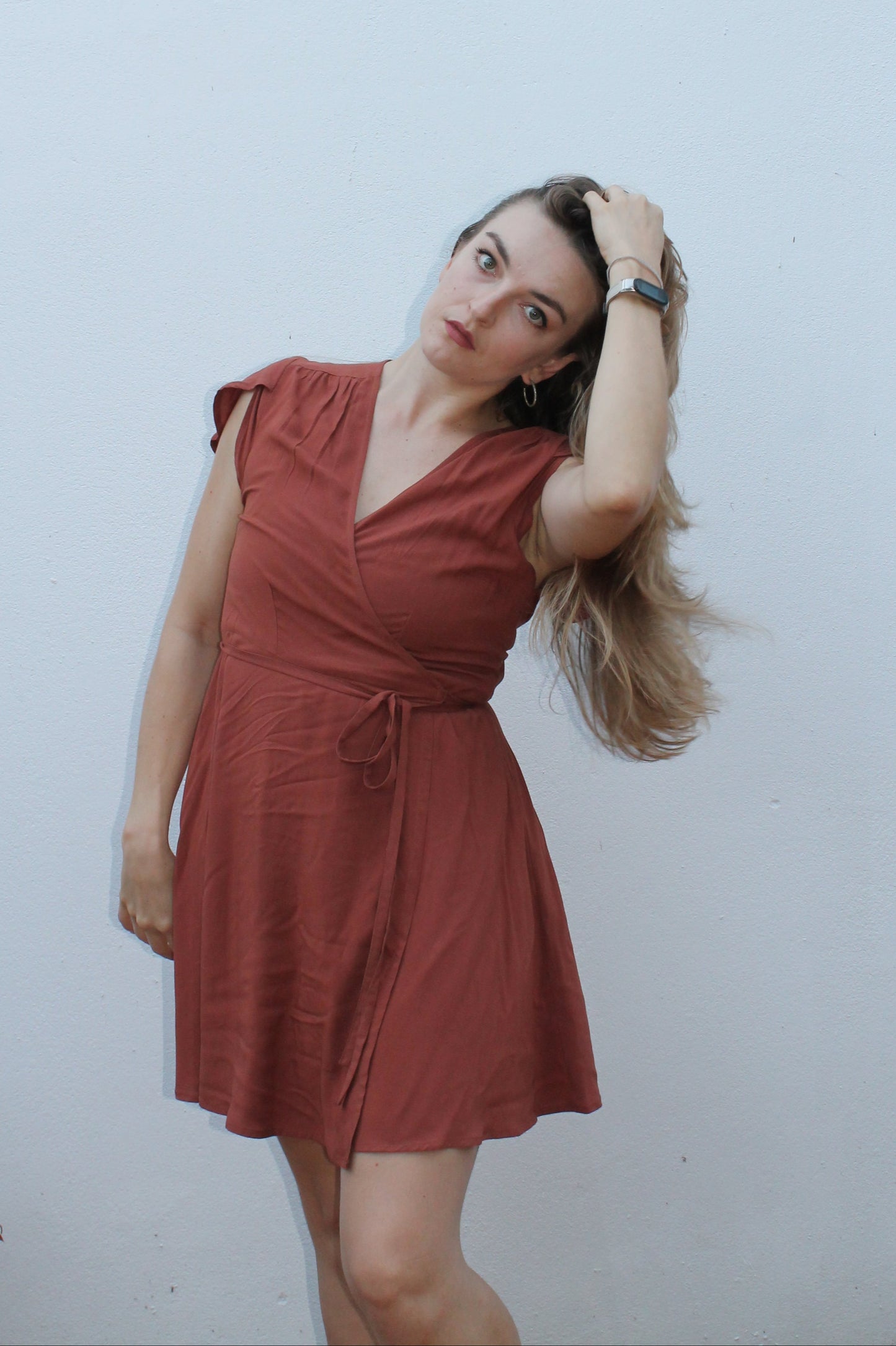 Brown wrap dress.