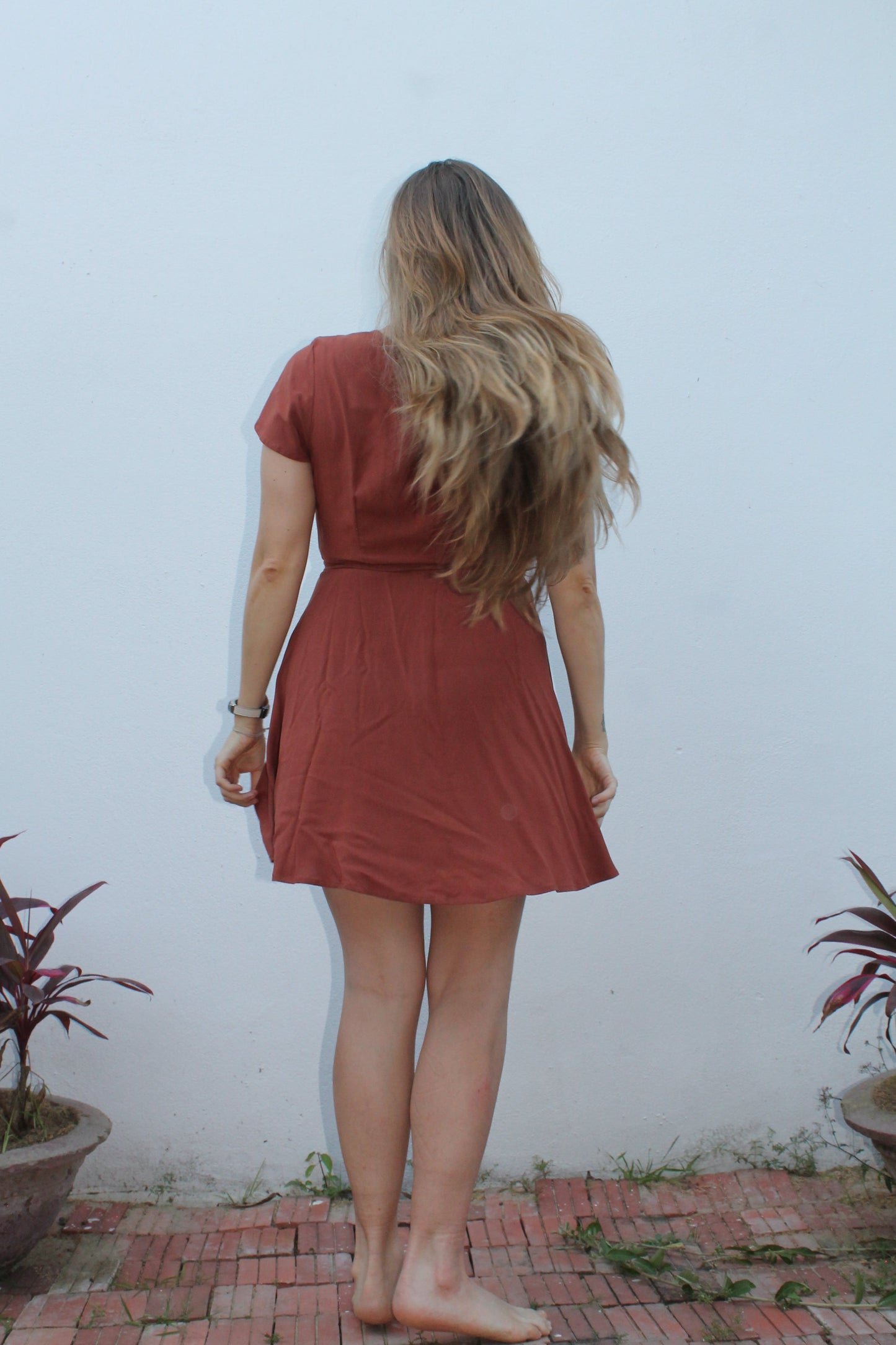 Brown wrap dress.