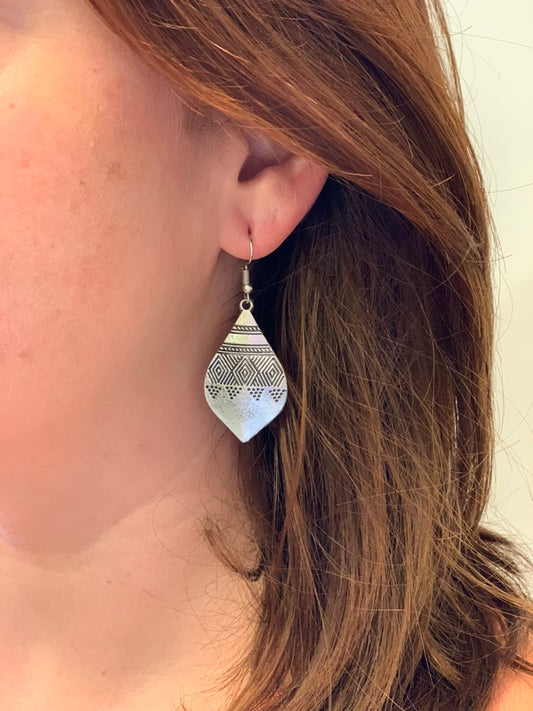 woman wearing boho style Matte Silver Teardrop Earrings