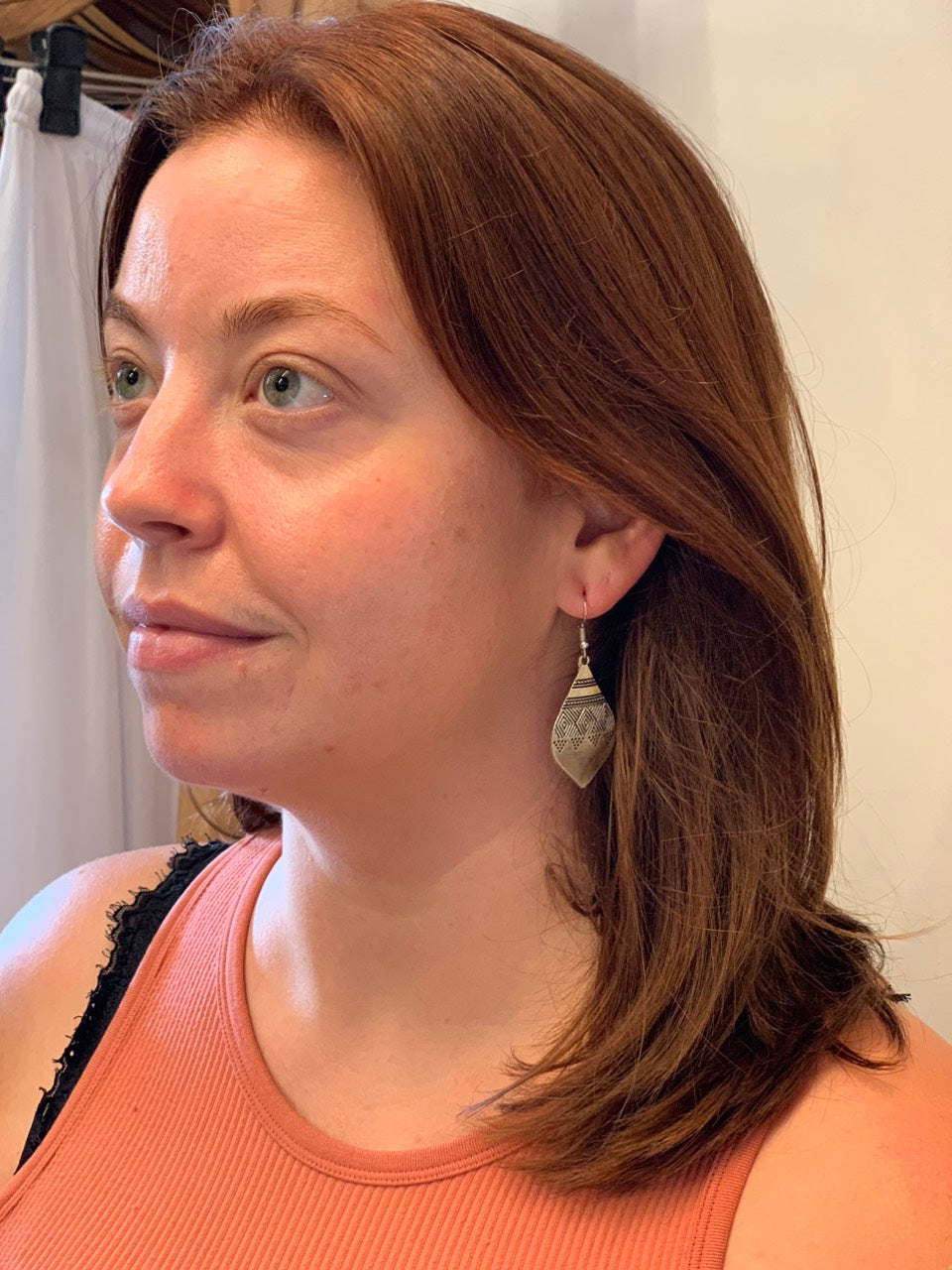 woman wearing boho styl Matte Silver Teardrop Earrings