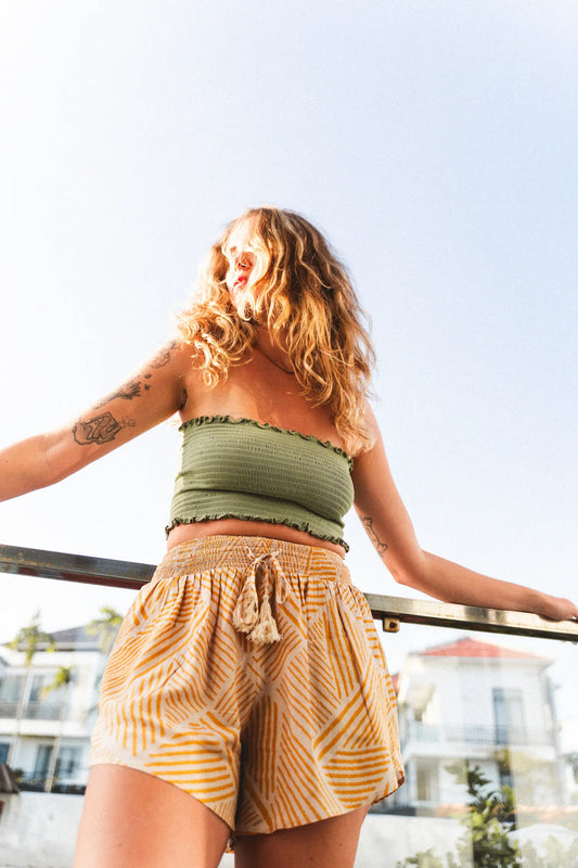 Yellow Print Smocked Shorts