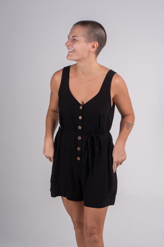 V-Neck Button Front Sleeveless Romper/Belt