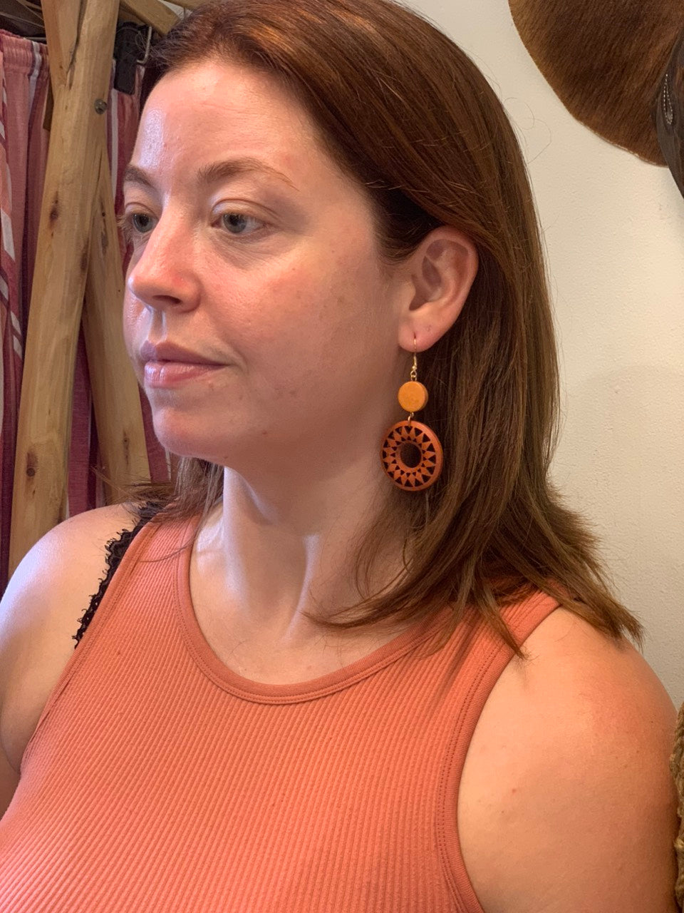 woman wearing boho style Orange Wooden Circle Earrings