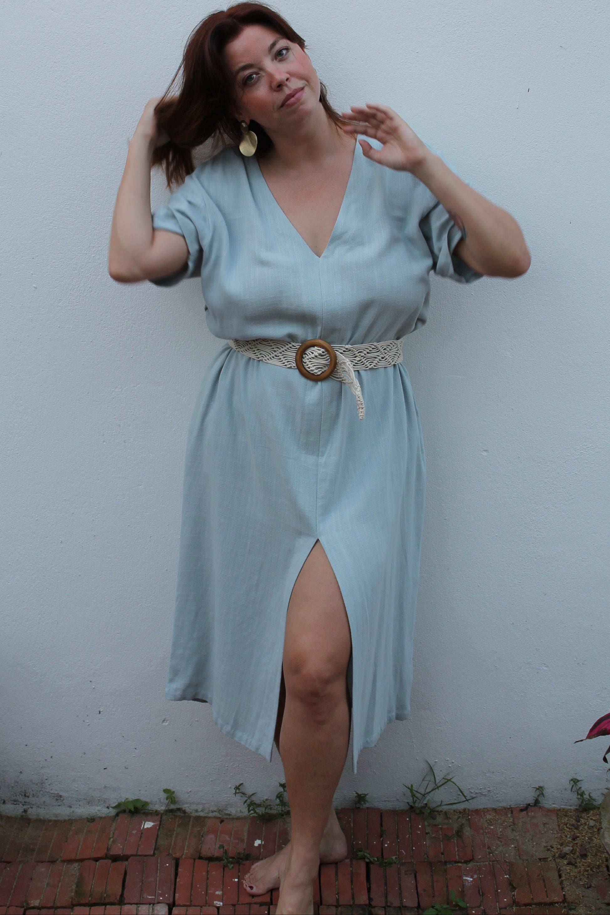 Blue linen midi dress. 