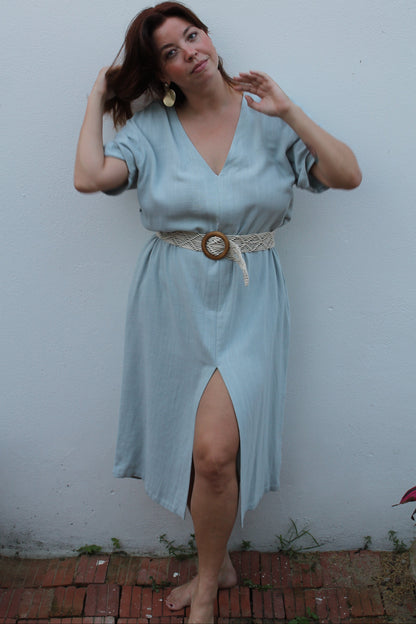 Blue linen midi dress. 