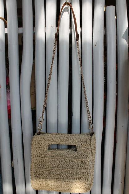 A light brown woven bag. 