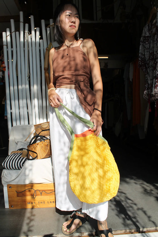 Yellow tote bag. 