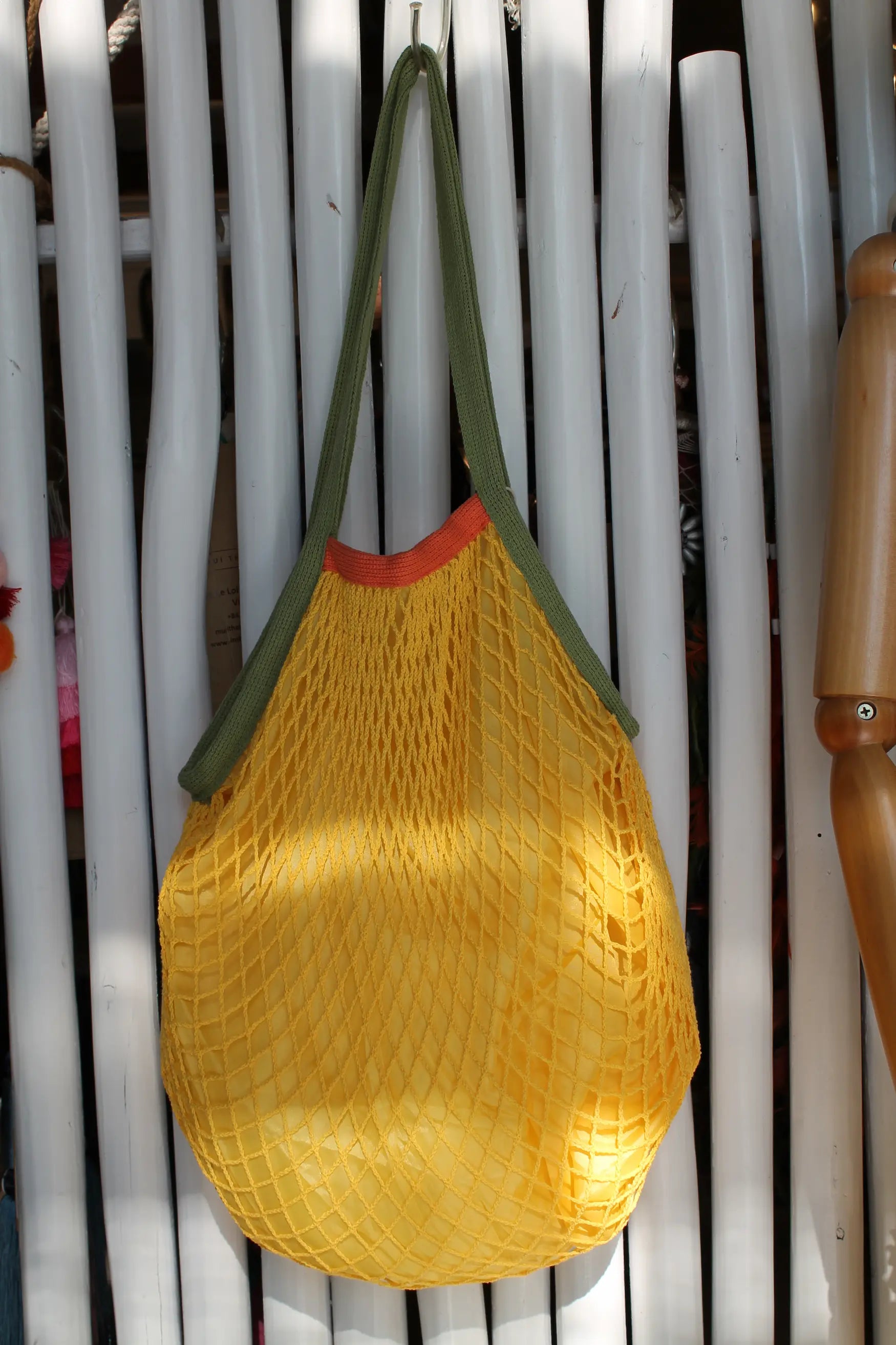 Yellow tote bag. 