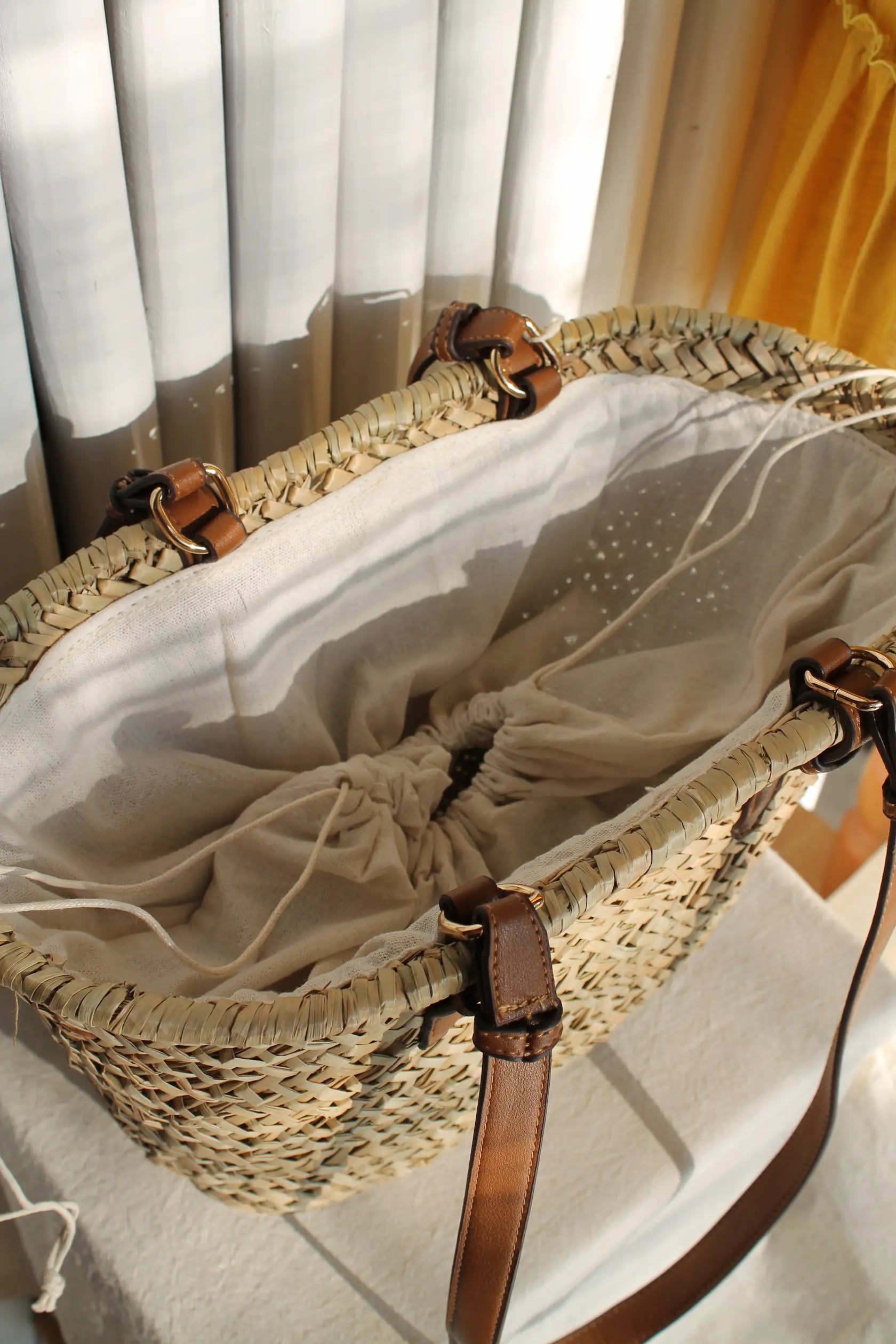 A brown woven bag.