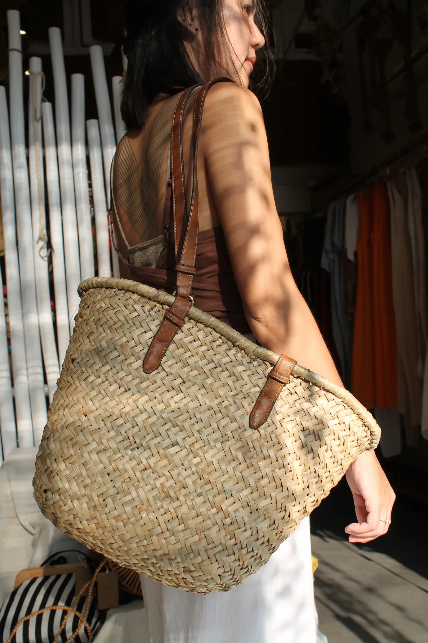 A brown woven bag.