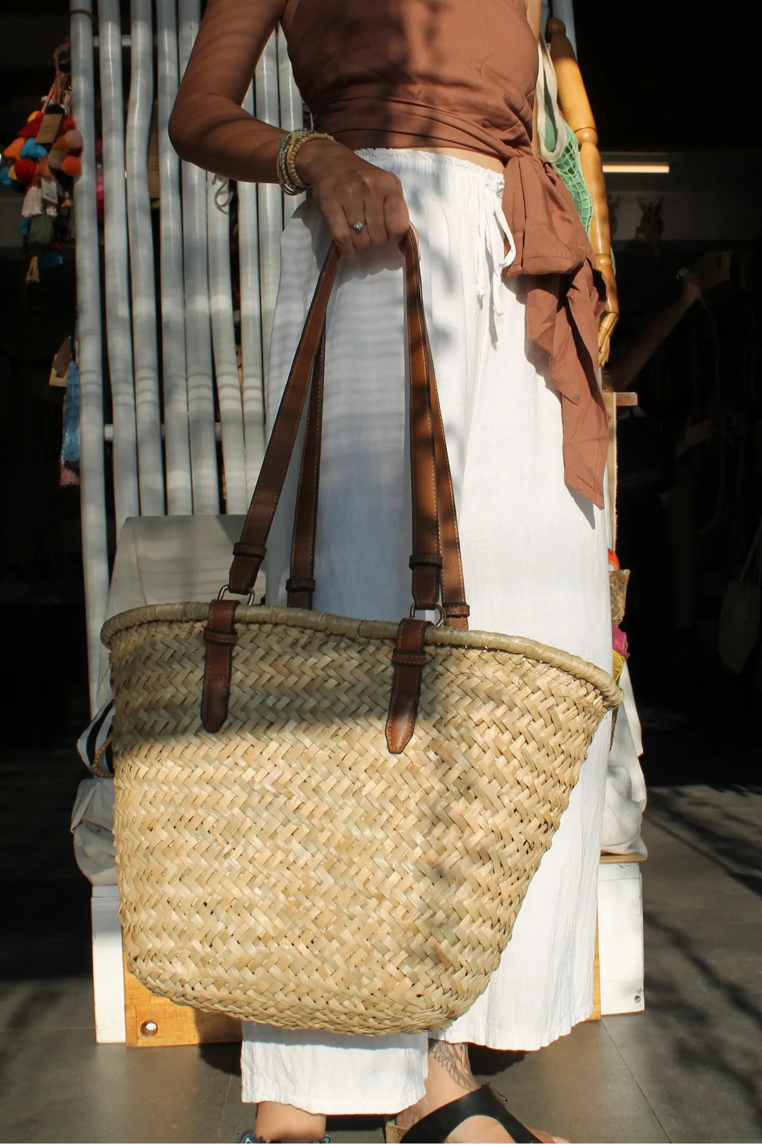 A brown woven bag.