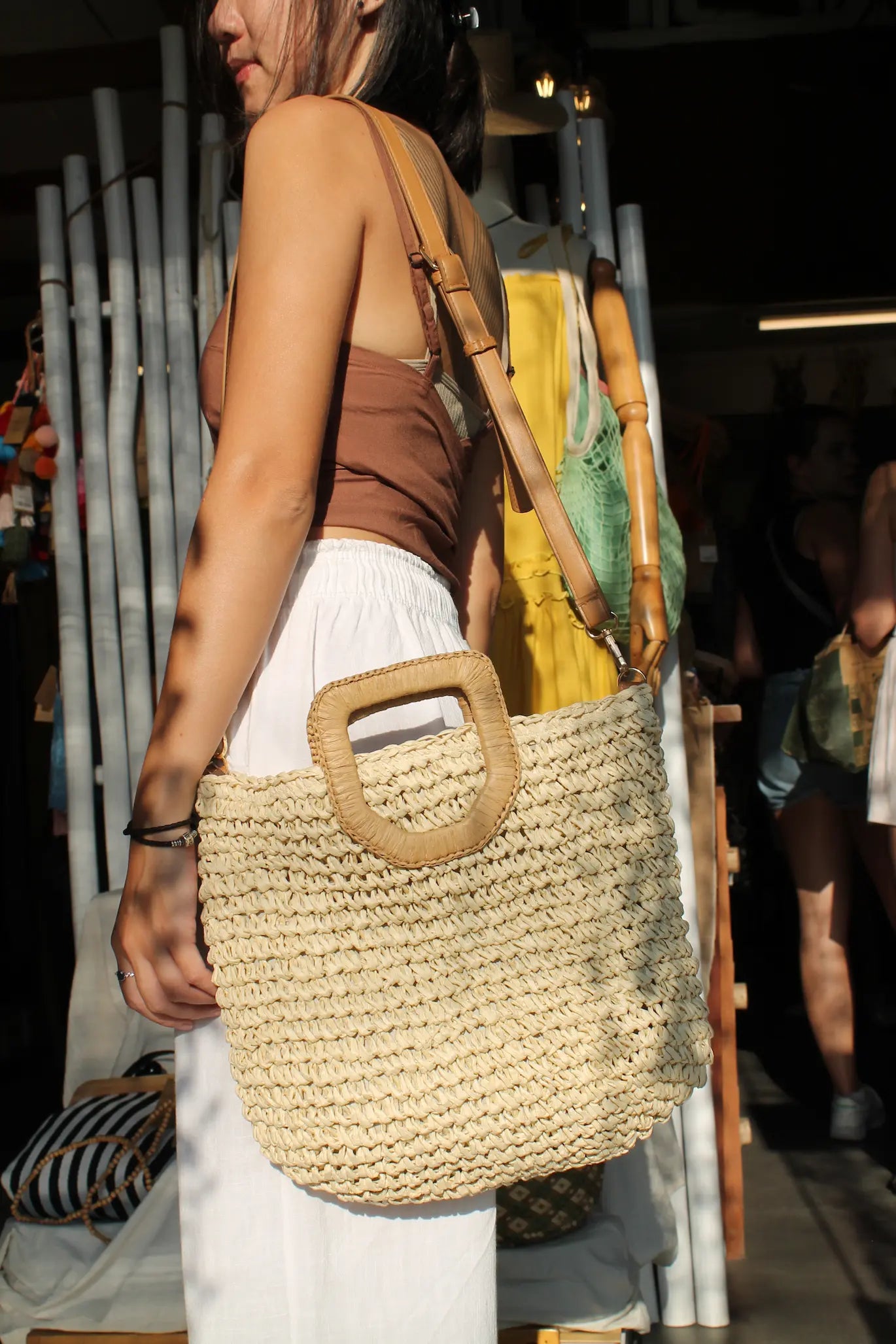 A brown woven bag.