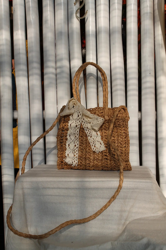 A brown woven bag.