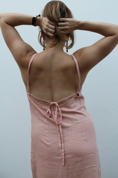 Pale pink backless linen dress. 