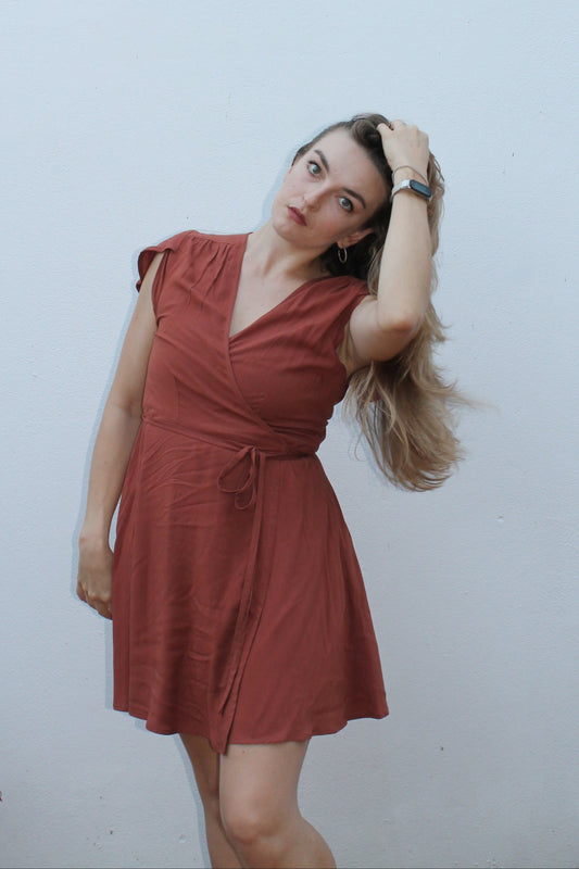 Brown wrap dress.