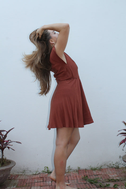 Brown wrap dress.