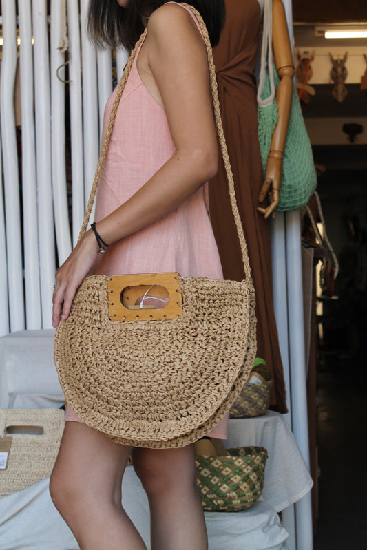 Wooden Handle Halfmoon Bag