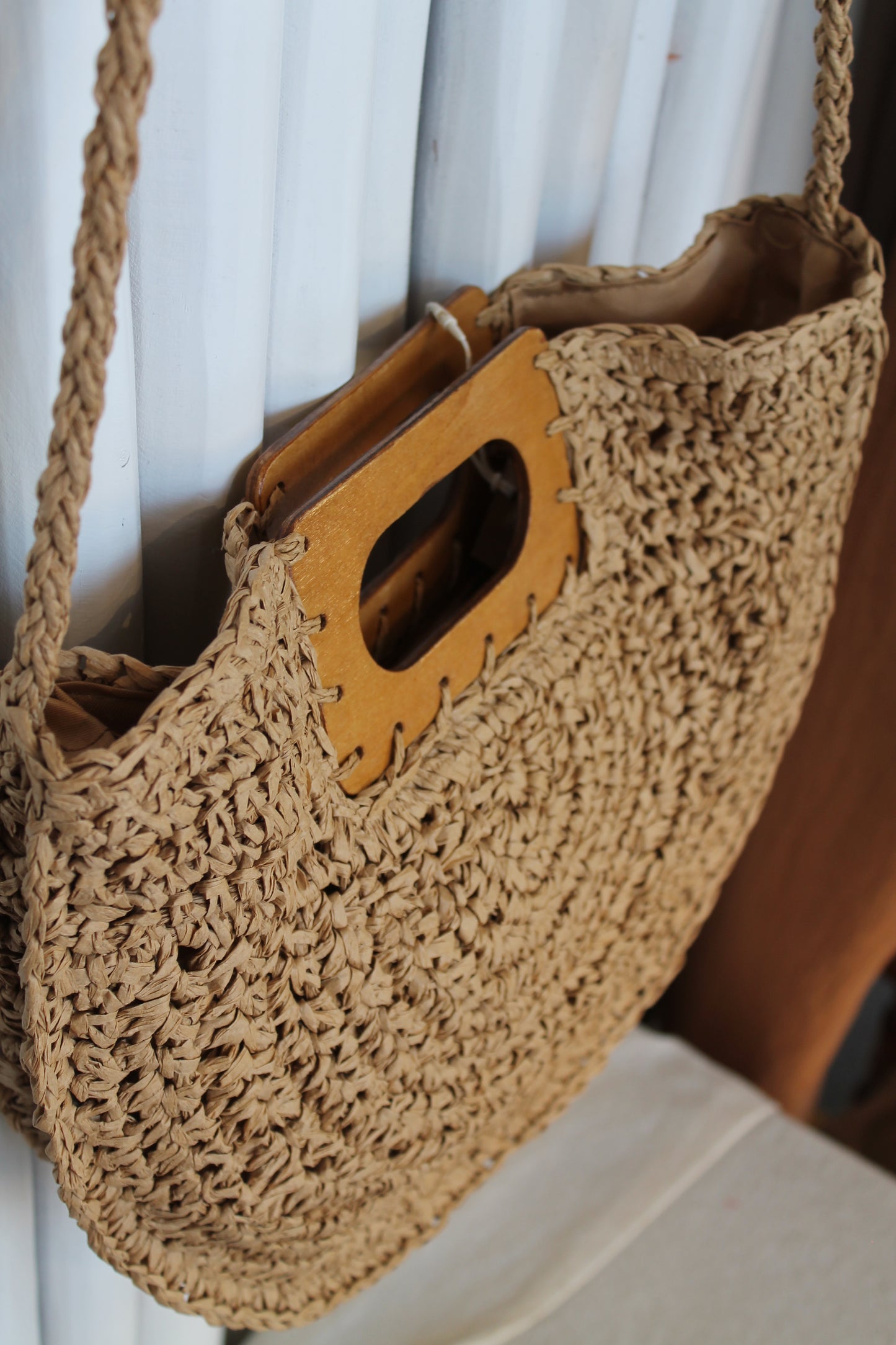 Wooden Handle Halfmoon Bag