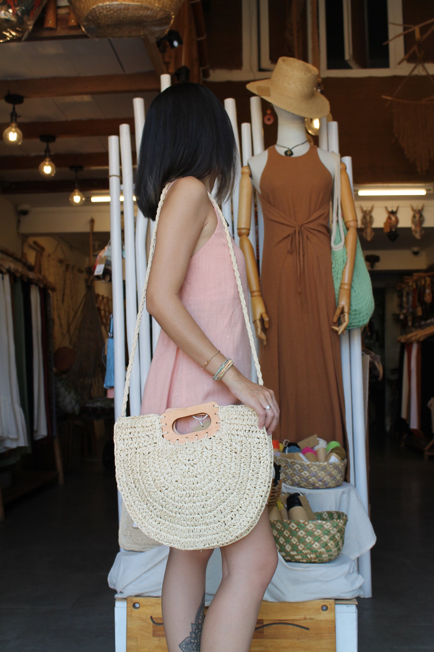 Wooden Handle Halfmoon Bag