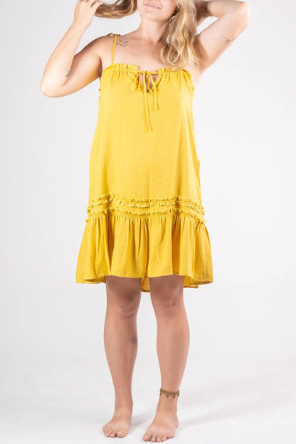 Woman wearing a yellow dress against a white background
