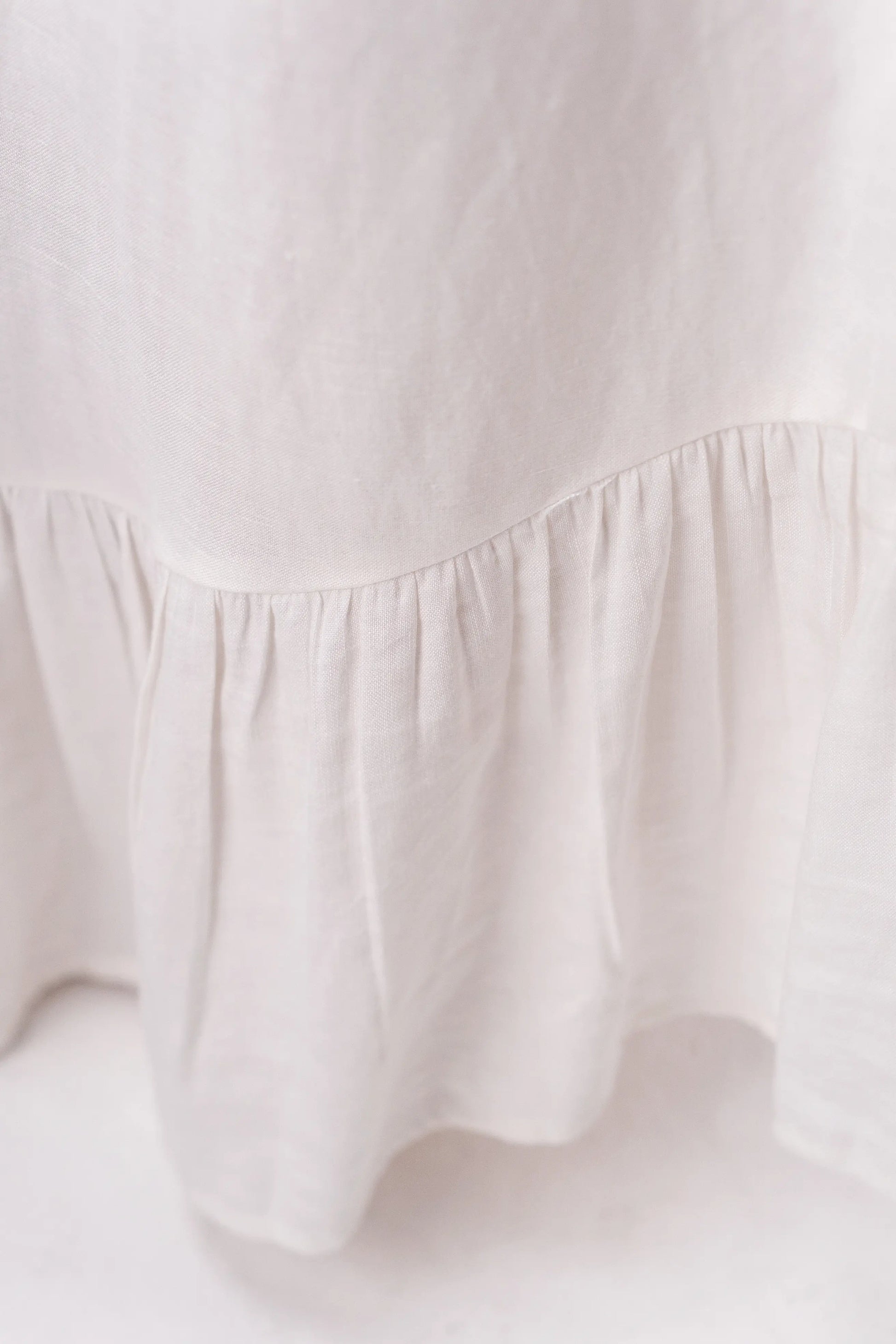 Close-up of a ruffled hem of white skirt on a white background