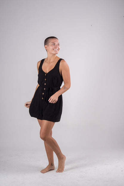 V-Neck Button Front Sleeveless Romper/Belt