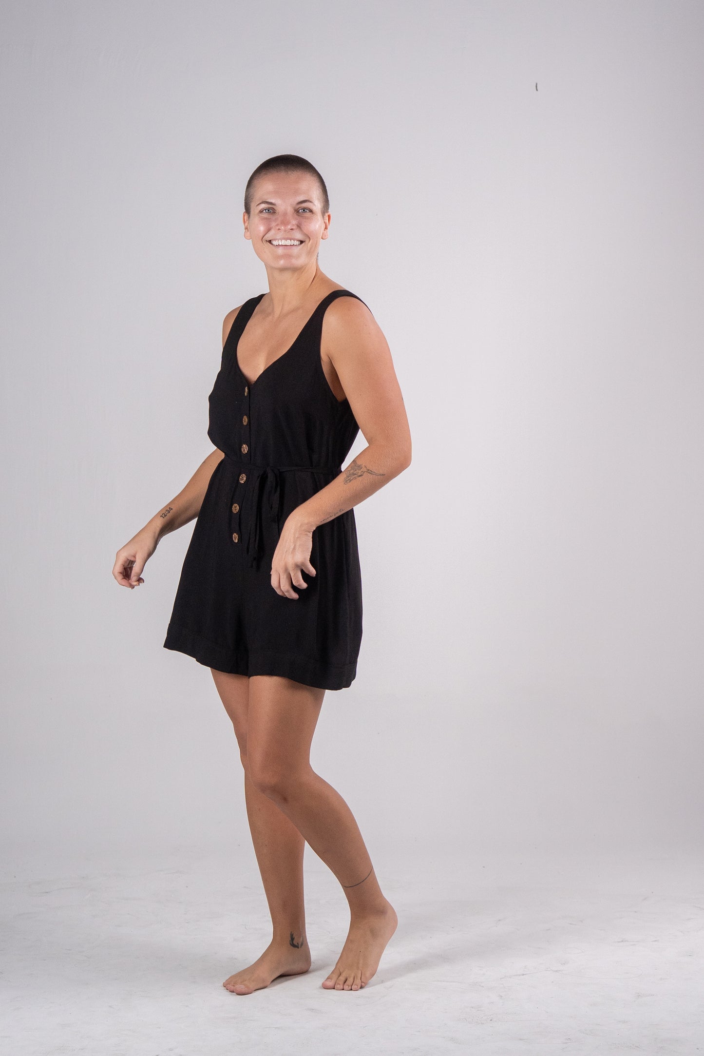 V-Neck Button Front Sleeveless Romper/Belt