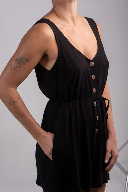 V-Neck Button Front Sleeveless Romper/Belt