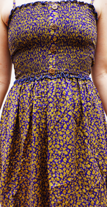 Purple dress with yellow floral pattern